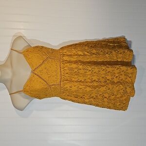 Mustard lace overlay mini dress adjustable straps zip up back